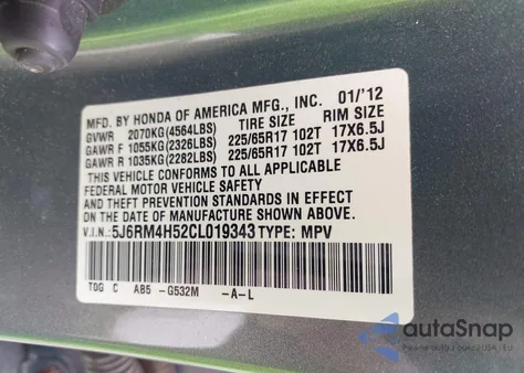 2012 Honda Cr-V Ex из США, поврежденный, VIN 5J6RM4H52CL019343